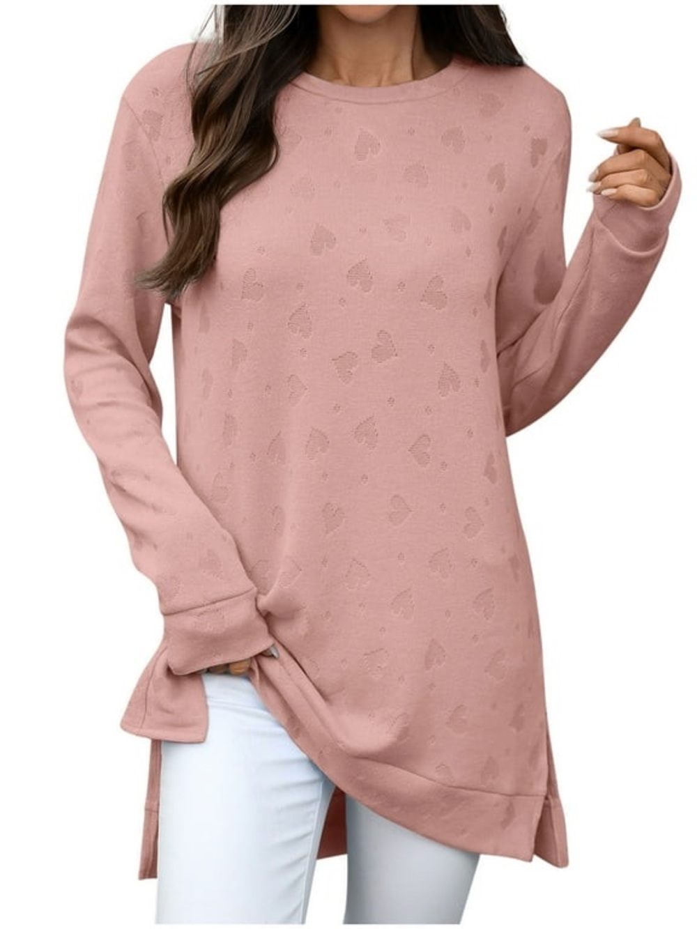 Women's Pink Heart-Pattern Long Sleeve Tunic Top